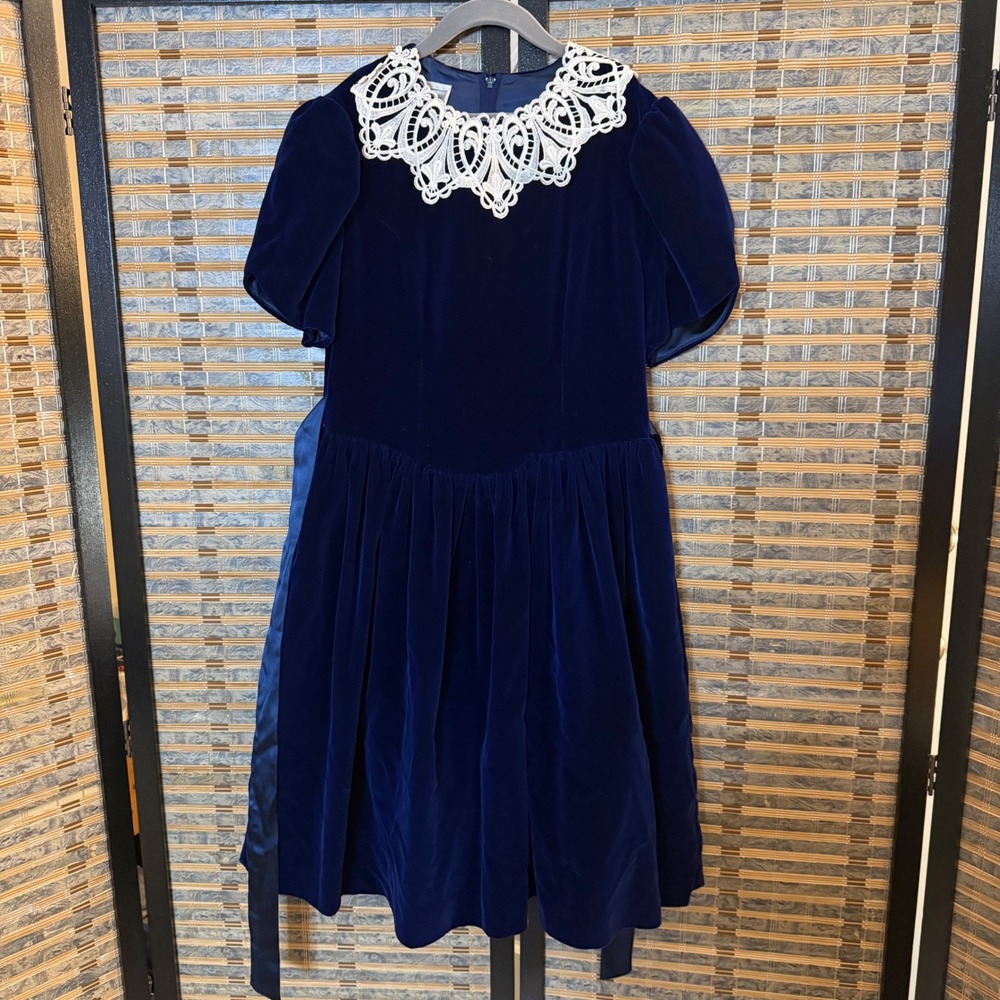 Jessica McClintock Velvet Dress Girls 14 Navy Blue Lace Collar Vintage Holiday